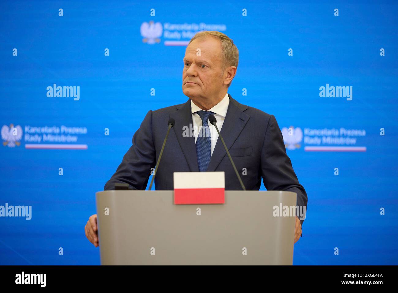 Warsaw, Poland. 08th July, 2024. Polish Prime Minister Donald Tusk listens to a question from a reporter during a joint press conference with Ukrainian President Volodymyr Zelenskyy at the Chancellery, July 8, 2024 in Warsaw, Poland. Credit: Ukraine Presidency/Ukrainian Presidential Press Office/Alamy Live News Stock Photo