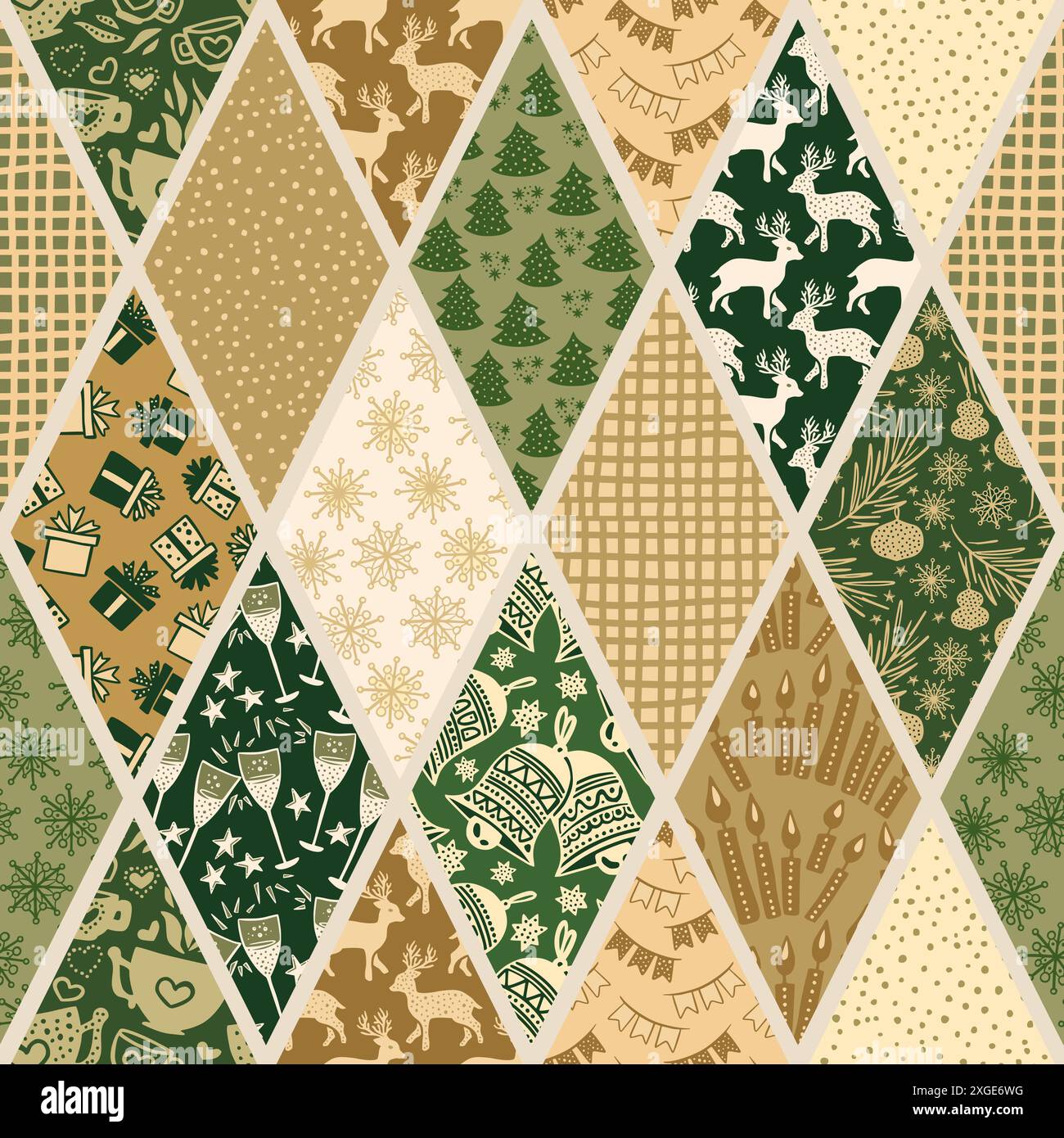 Retro Seamless pattern with Christmas trees, snowflakes and deer. Patchwork style rhombus Stock Vector