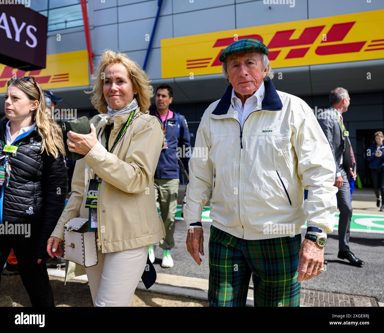 NORTHAMPTONSHIRE, UNITED KINGDOM. 05 Jul, 24. British former Formula One racing driver Sir Jackie Stewart (right) visited the Silverstone Paddock prior to the Formula 1 Pit Lane Walk during the Qatar Airways British Grand Prix 2024 at Silverstone Circuit on Friday, July 05, 2024 in NORTHAMPTONSHIRE, ENGLAND. Credit: Taka G Wu/Alamy Live News Stock Photo