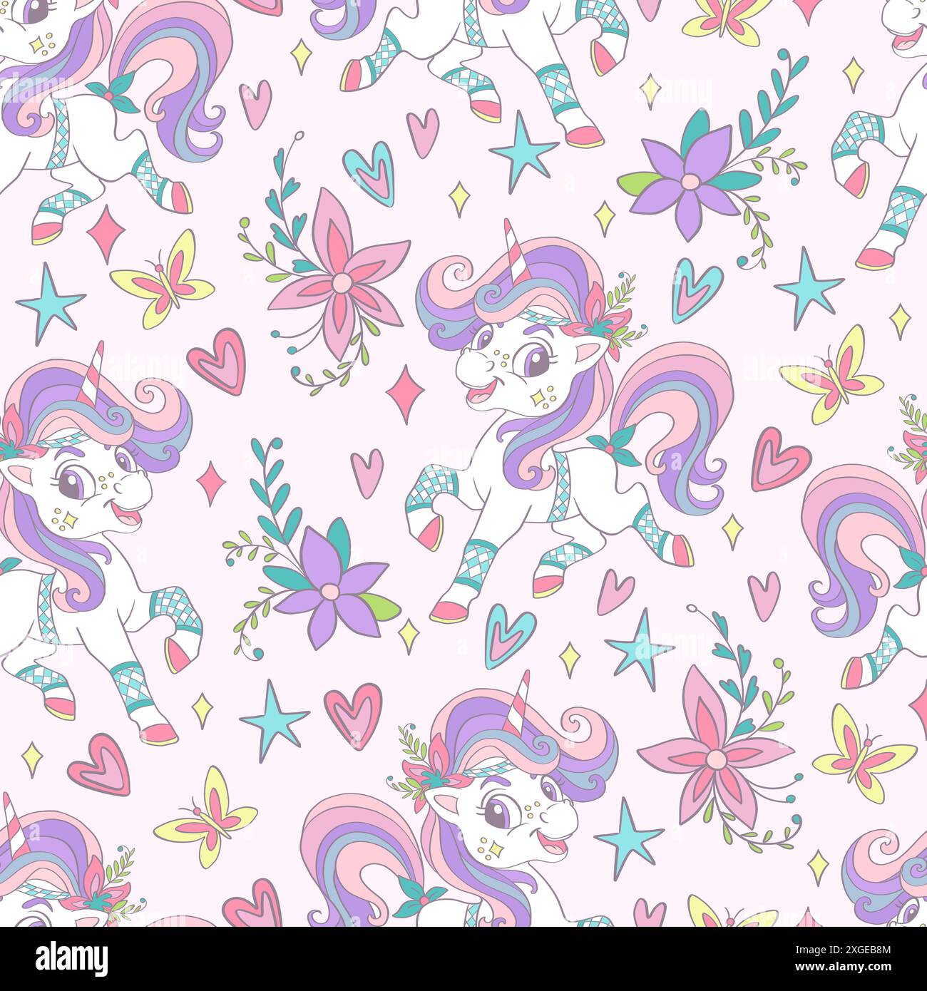 Cute dreaming unicorns with flowers on a pink background seamless ...