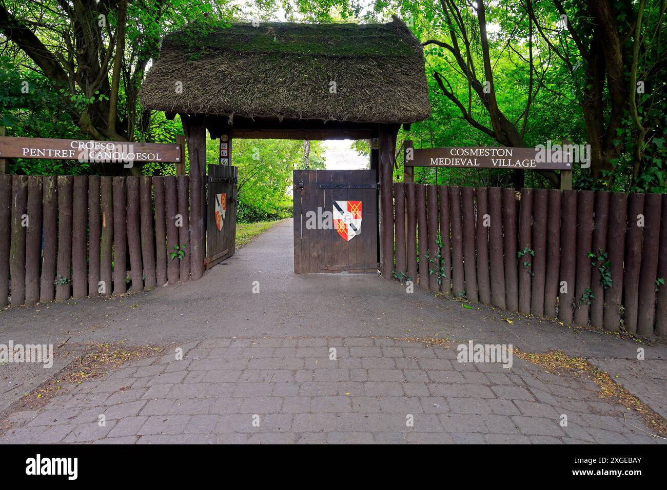 Thatched entrance gate to Cosmeston Country Park mediaeval village ...