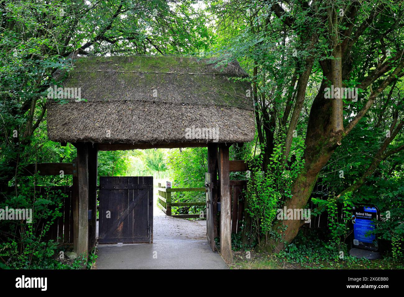 Thatched entrance gate to Cosmeston Country Park mediaeval village ...