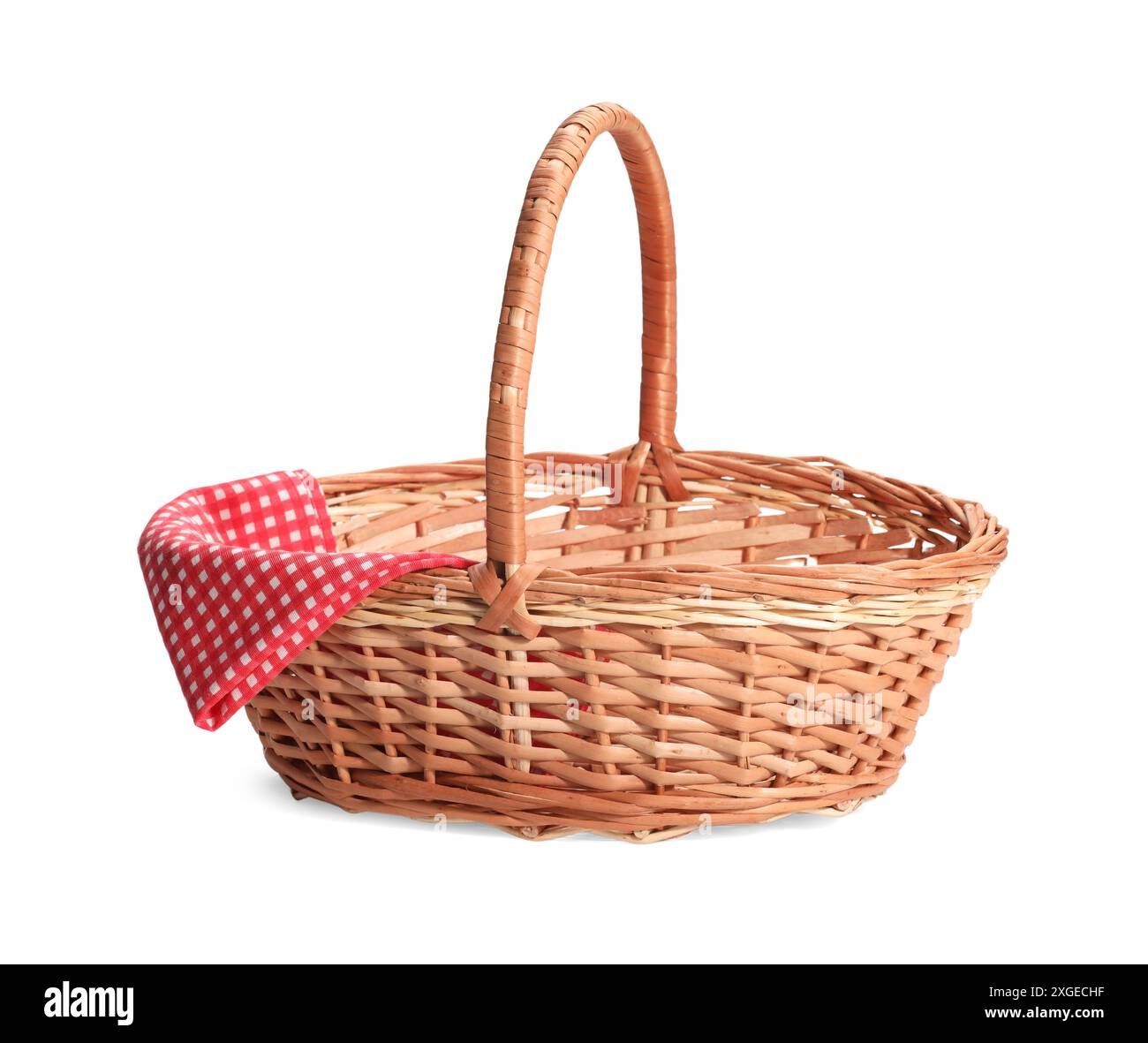 One picnic wicker basket with checkered napkin isolated on white Stock ...