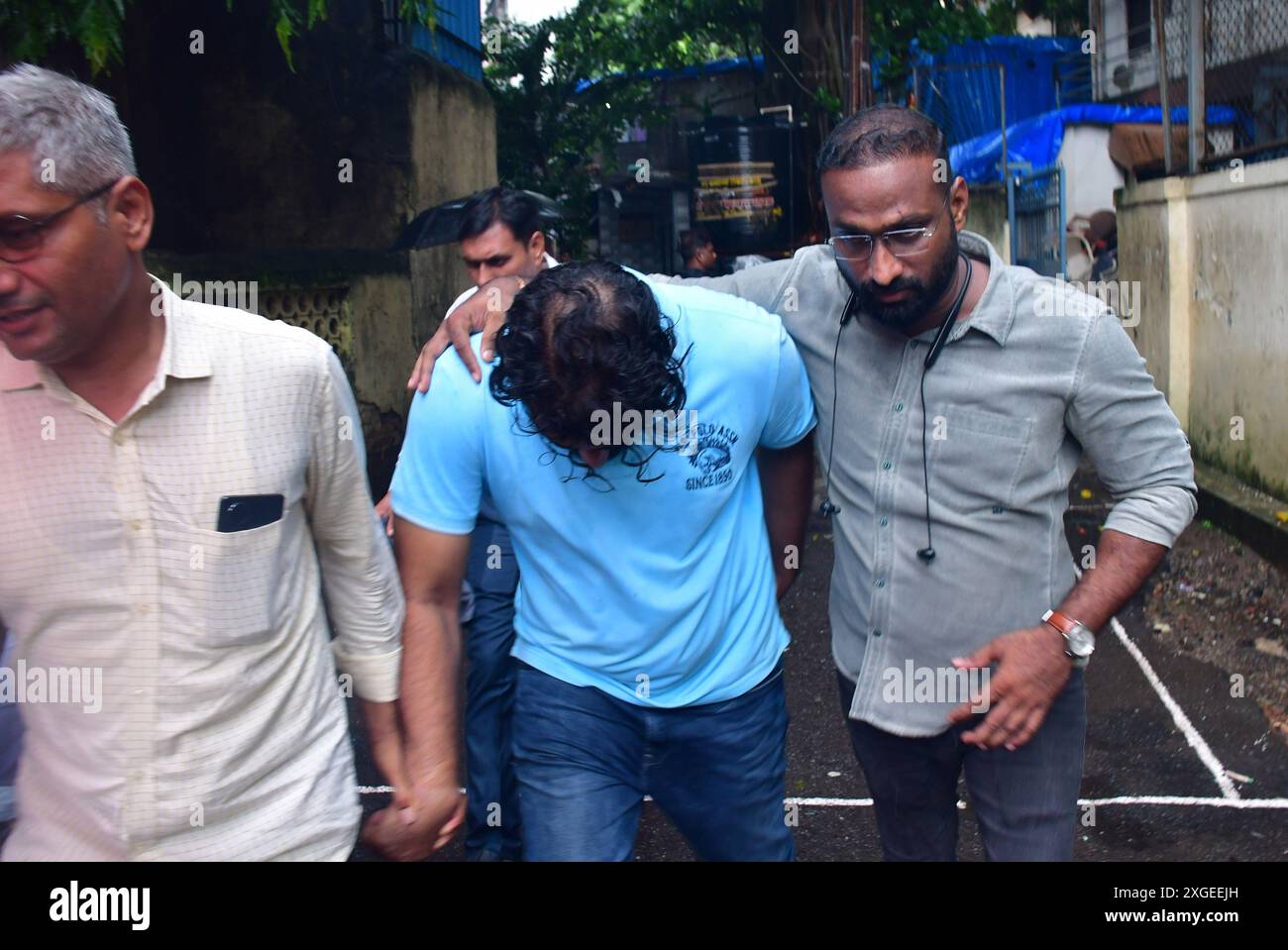 MUMBAI, INDIA - JULY 8: Accused Rajrishi Rajendrasingh Bidawat came out from Sewree Court involved in the Worli hit-and-run case on July 8, 2024 in Mumbai, India. A Mumbai court granted bail to Shiv Sena leader Rajesh Shah in the BMW hit-and-run case. The Shah family's driver, Rajrishi Bidawat, also an accused in the case, was sent to police custody till Tuesday. The Sena leader's son, Mihir Shah (24), was allegedly driving the BMW car which fatally knocked down a woman, Kaveri Nakhwa (45), and injured her husband Pradeep while the couple was on their two-wheeler in Mumbai's Worli area on Sund Stock Photo
