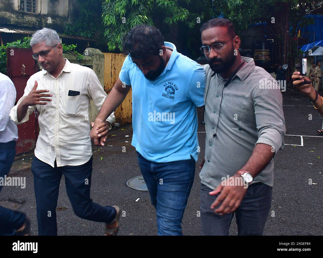 MUMBAI, INDIA - JULY 8: Accused Rajrishi Rajendrasingh Bidawat came out from Sewree Court involved in the Worli hit-and-run case on July 8, 2024 in Mumbai, India. A Mumbai court granted bail to Shiv Sena leader Rajesh Shah in the BMW hit-and-run case. The Shah family's driver, Rajrishi Bidawat, also an accused in the case, was sent to police custody till Tuesday. The Sena leader's son, Mihir Shah (24), was allegedly driving the BMW car which fatally knocked down a woman, Kaveri Nakhwa (45), and injured her husband Pradeep while the couple was on their two-wheeler in Mumbai's Worli area on Sund Stock Photo