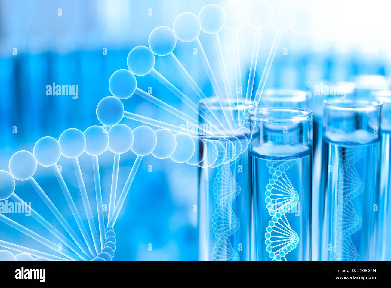 Illustrations of DNA and test tubes with samples, double exposure Stock ...