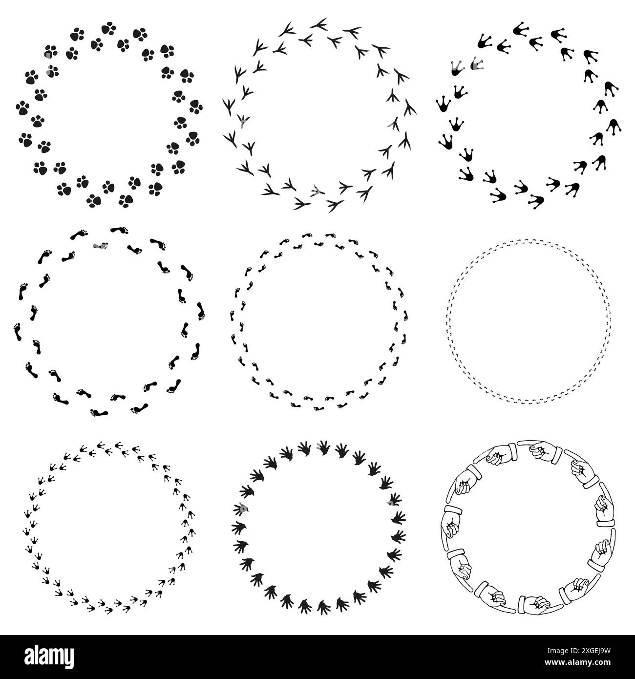 Animal tracks frames. Various footprints vector. Black and white. Circular border set. Stock Vector