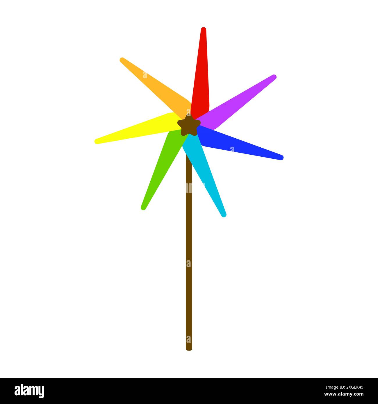 Rainbow pinwheel vector. Colorful windmill toy. Bright vibrant fan. Spinning paper propeller. Stock Vector