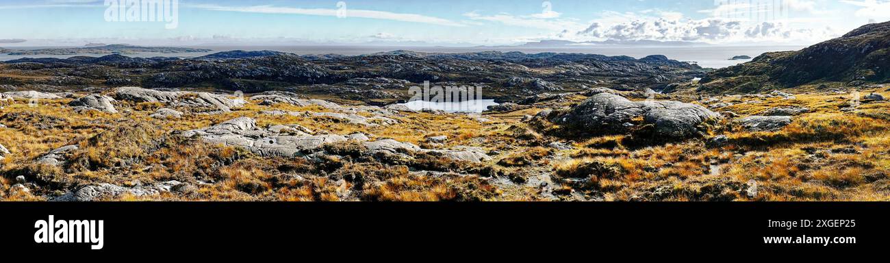 Isle of Harris, Outer Hebrides, Scotland. Panorama to E. from Shiant Isles viewpoint at Grose-Cleit south of Tarbert. Trotternish Skye central horizon Stock Photo
