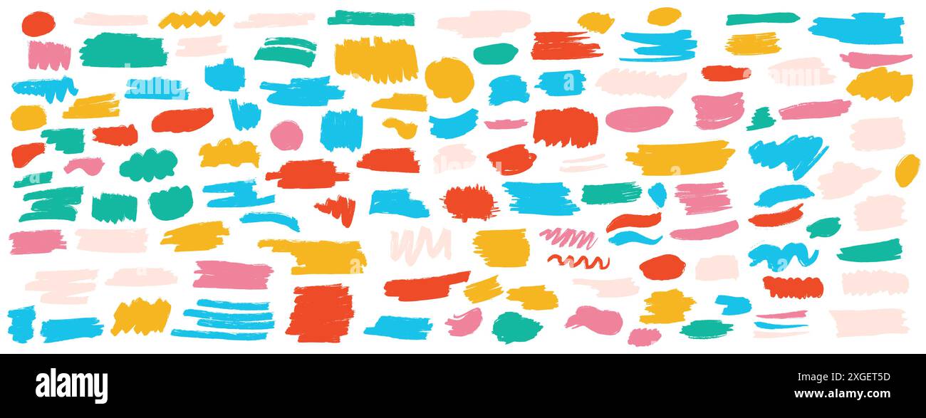 Doodle brush strokes color vector artwork bundle on light background. Simple curved and straight lines hand drawn illustration set Stock Vector