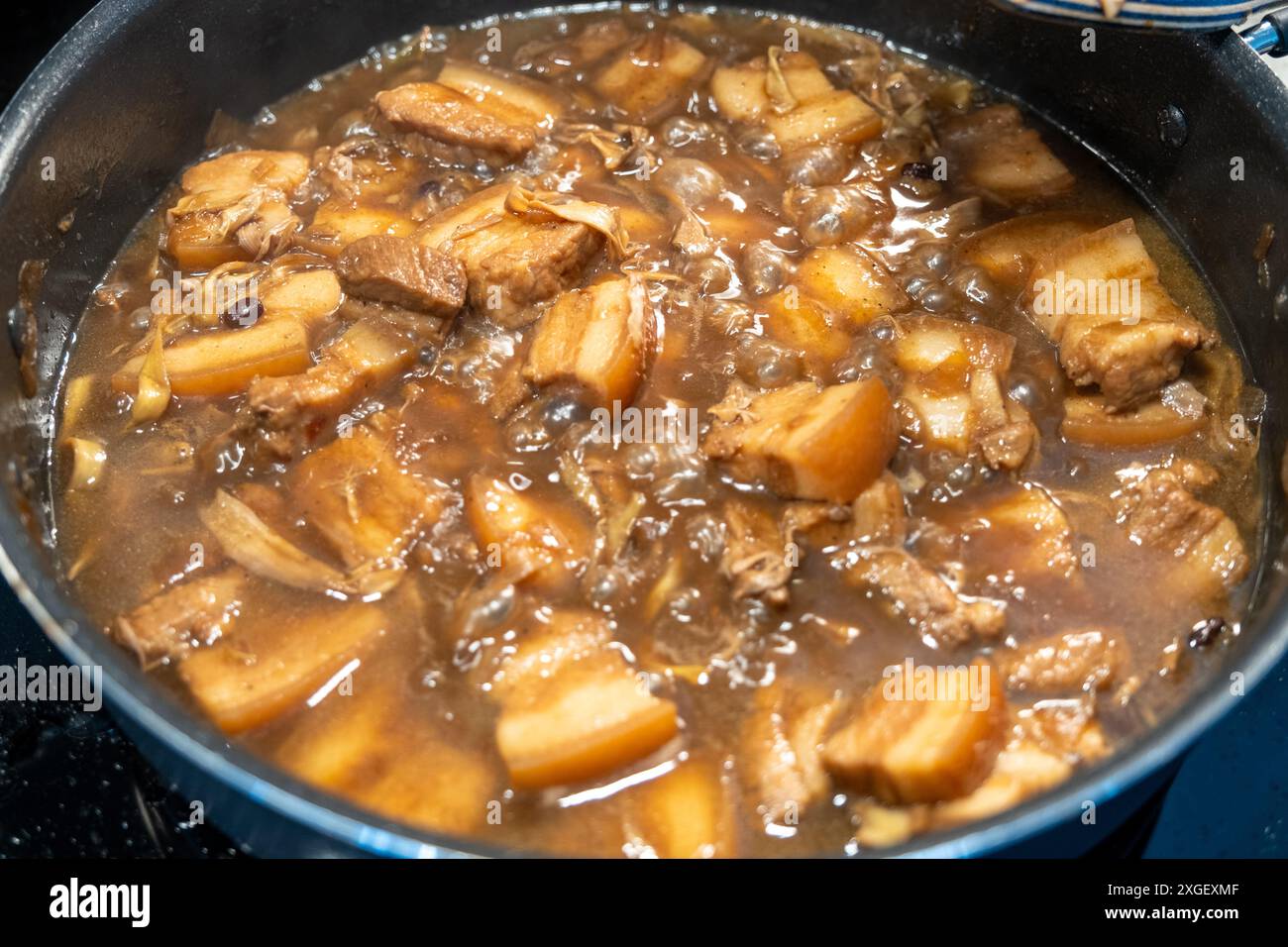 Philippine Top Dish which is the Pork Adobo. This is a bisaya sweet version which is the Pork Humba with Tausi beans and Banana Blossom Stock Photo