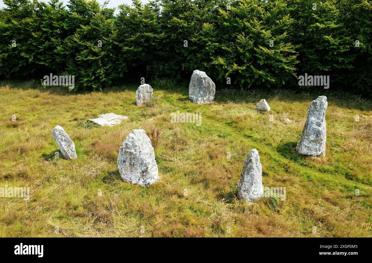 Duloe prehistoric stone circle, Cornwall, England. Restored quartzite stones with urn cremation burial. Probably Bronze Age. Possibly kerb of cairn Stock Photo