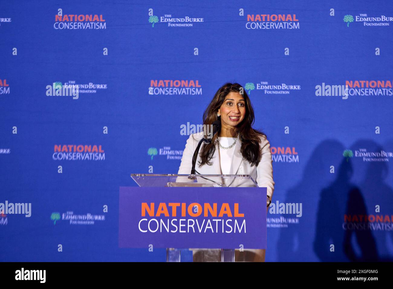 Washington DC, USA. July 8, 2024, Washington, District of Columbia, USA: British politician SUELLA BRAVERMAN, 44, speaks at the National Conservative Conference in Washington, DC, Monday. The Rt Hon Suella Braverman KC MP is Secretary of State for the Home Department and Member of Parliament for Fareham. Sue-Ellen Cassiana 'Suella' Braverman KC née Fernandes (born 3 April 1980) is a British politician and barrister who served as Home Secretary from 6 September 2022 to 19 October 2022, and again from 25 October 2022 to 13 November 2023. Credit: ZUMA Press, Inc./Alamy Live News Stock Photo