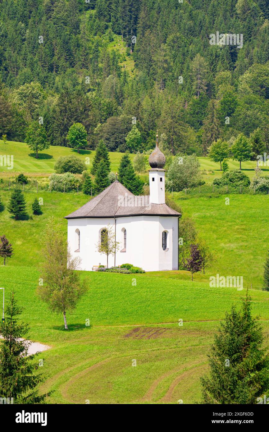 A small white church on a hill with green meadows and dense forests in ...