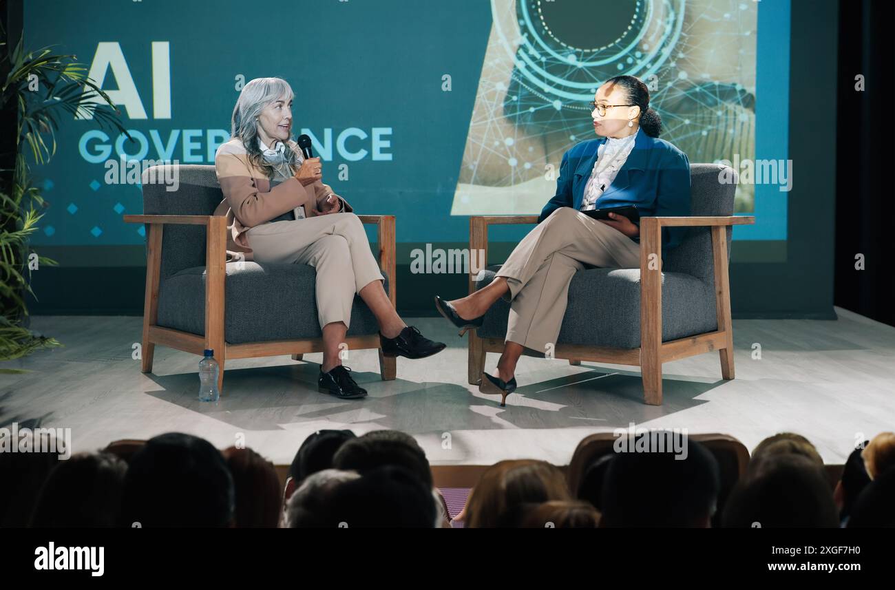 Conference, presentation and people with mic in discussion for event ...
