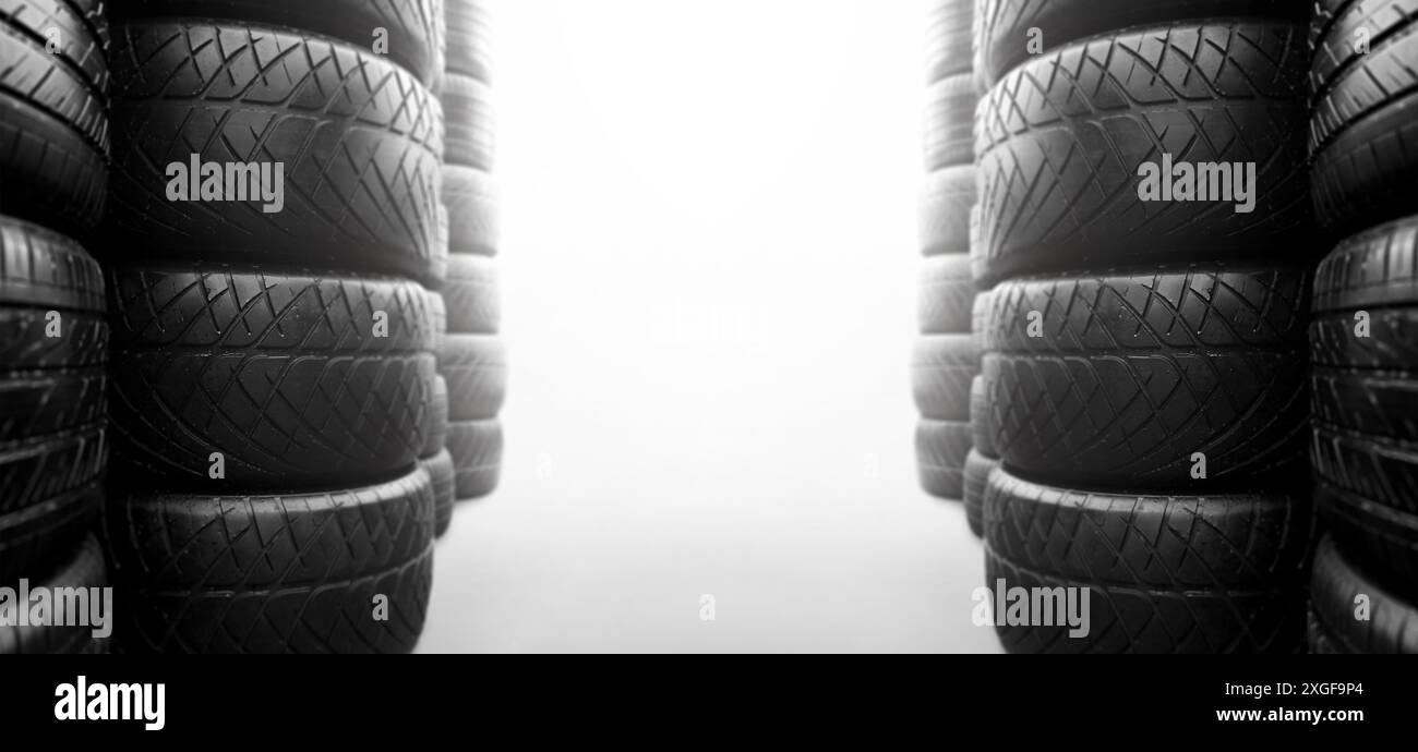Car tire shop concept , Car tires stacked sideways in a horizontal banner background with copy