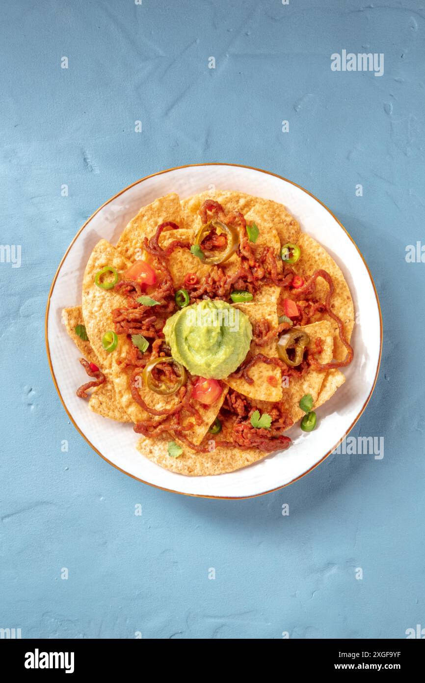 Nachos, Mexican tortilla chips, shot from above with a place for text Stock Photo