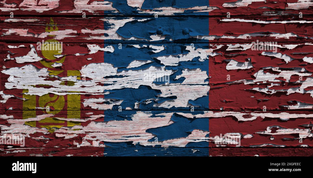 Flag of Mongolia painted on a grunge wooden board. Stock Photo