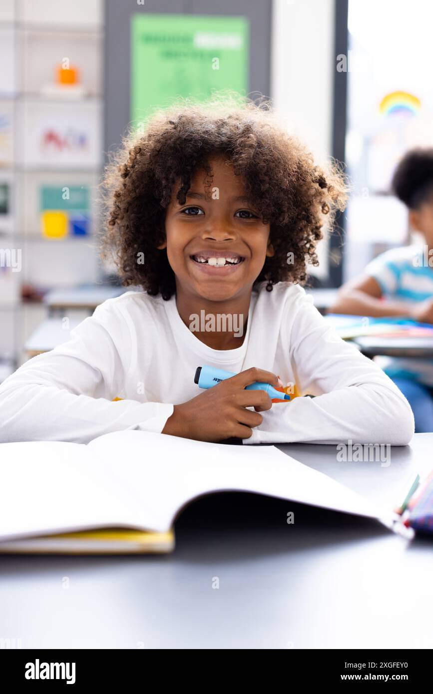 Portrait of happy african american schoolboy sitting at desk in school ...