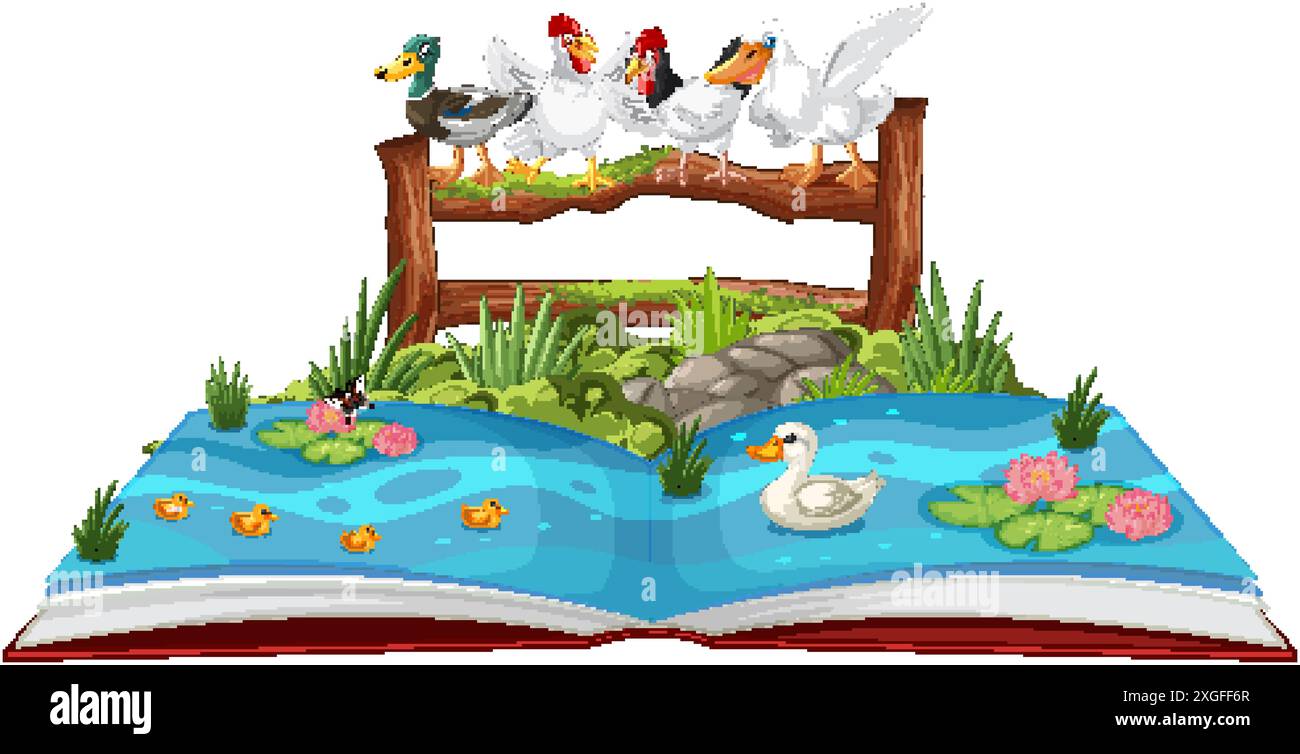 Illustration of ducks on a pond and fence Stock Vector Image & Art - Alamy