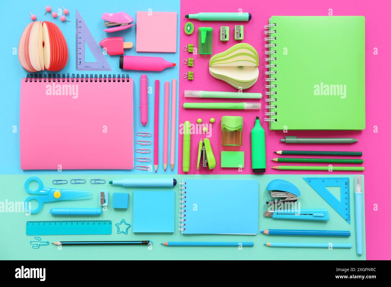 Composition with notebooks and stationery on color background Stock Photo