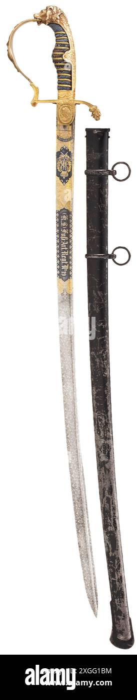 A Damascus steel sabre for artillery officers, circa 1900 Slightly curved, pipe-backed blade of etched Damascus steel, PROPERTY-RELEASED Stock Photo