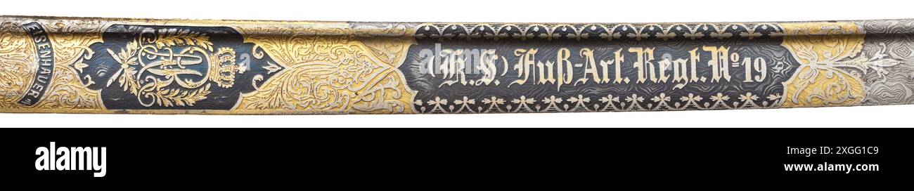 A Damascus steel sabre for artillery officers, circa 1900 Slightly curved, pipe-backed blade of etched Damascus steel, PROPERTY-RELEASED Stock Photo