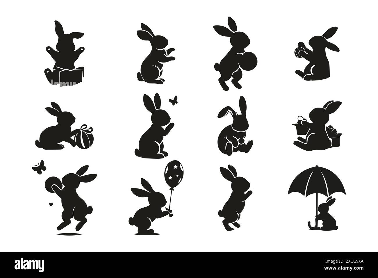 Silhouette Rabbits Engaging in Playful Activities Illustration Stock Vector