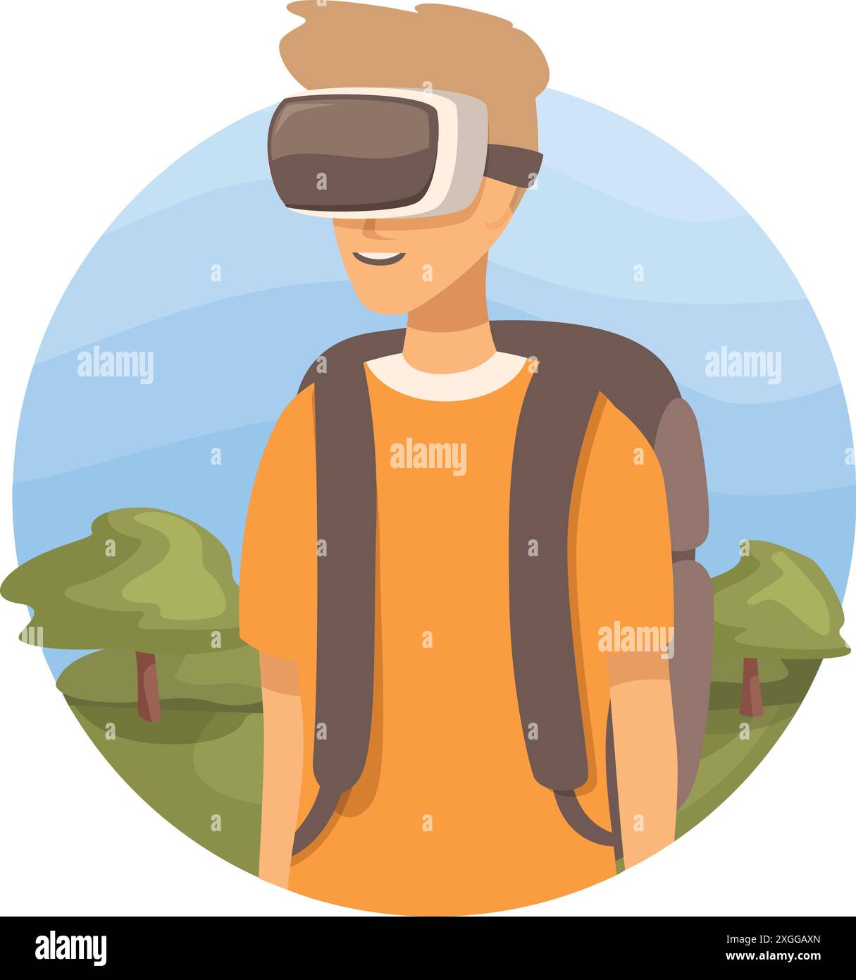 Backpack Simulator Vector Young man with a backpack wearing vr glasses and enjoying a virtual ...