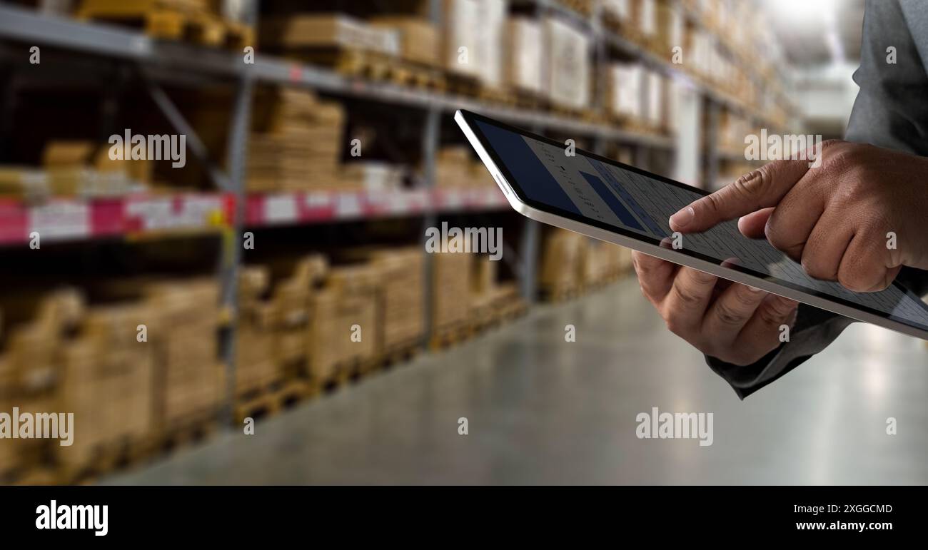 Businessman use smart tablet loading documents online Spreadsheet document financial data and graphs in spreadsheet documents for online analysis Stock Photo