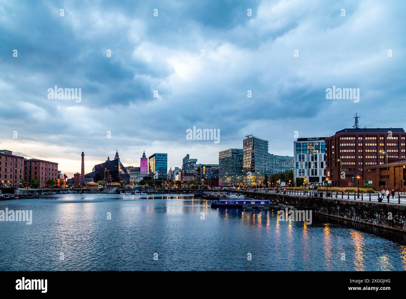 Liverpool City Skyline from the Royal Albert Dock at Night Stock Photo