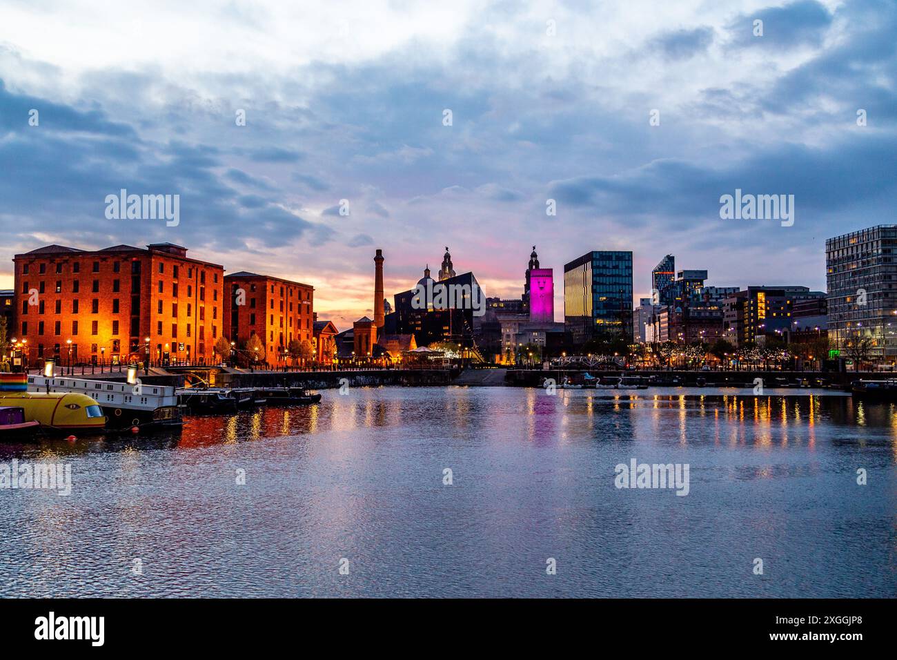 Liverpool City Skyline from the Royal Albert Dock at Night Stock Photo