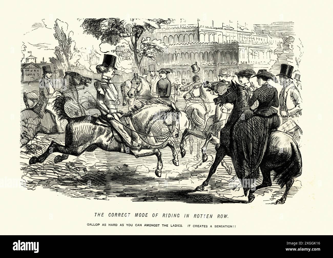 Victorian cartoon of Correct mode of riding in Rotten Row, gallop as ...