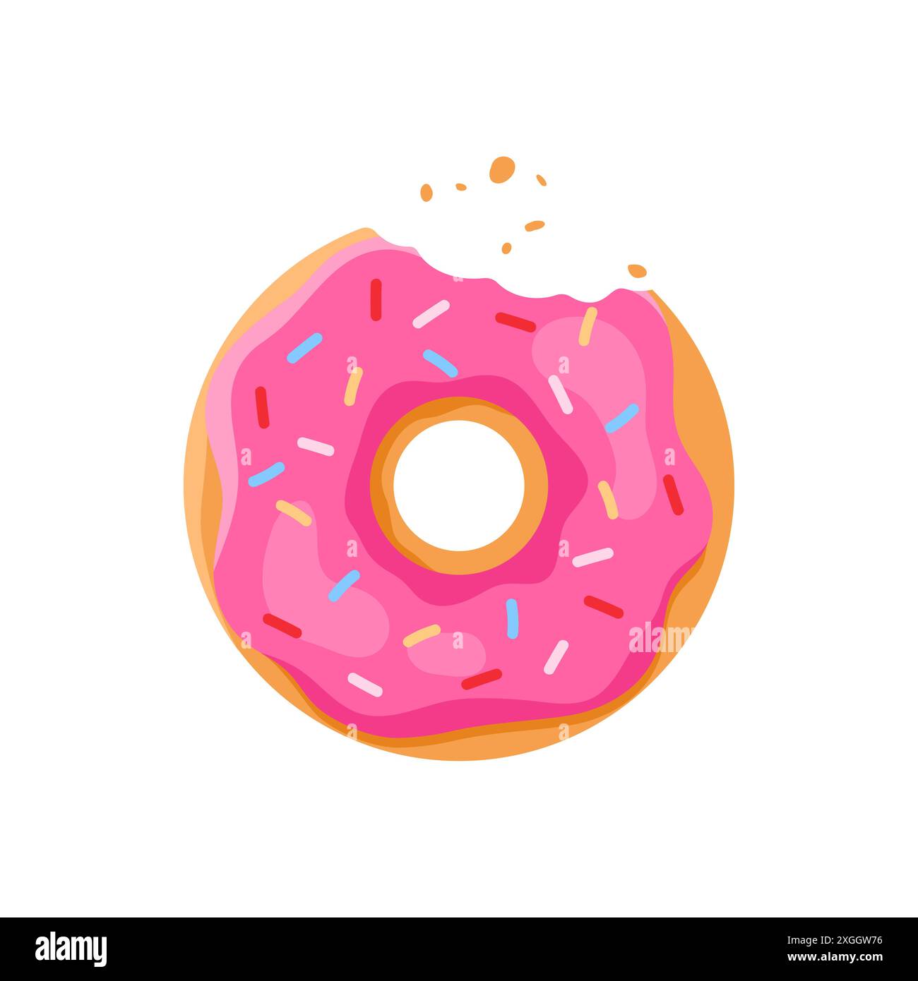 Cute bitten donut with strawberry pink glaze and sweet crumbles vector ...