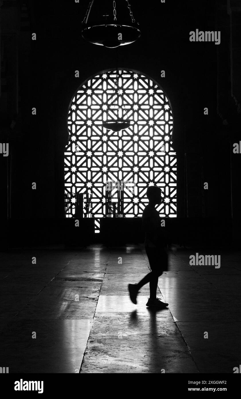 A silhouette of a person walking inside a historic building with ...