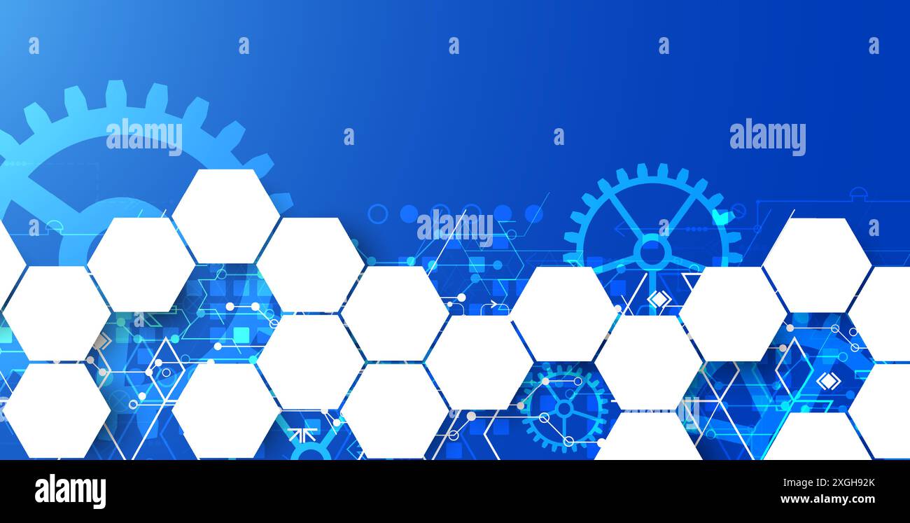 Gear wheel technology pattern on blue gradient background with hexagons. Hand drawn vector. Stock Vector