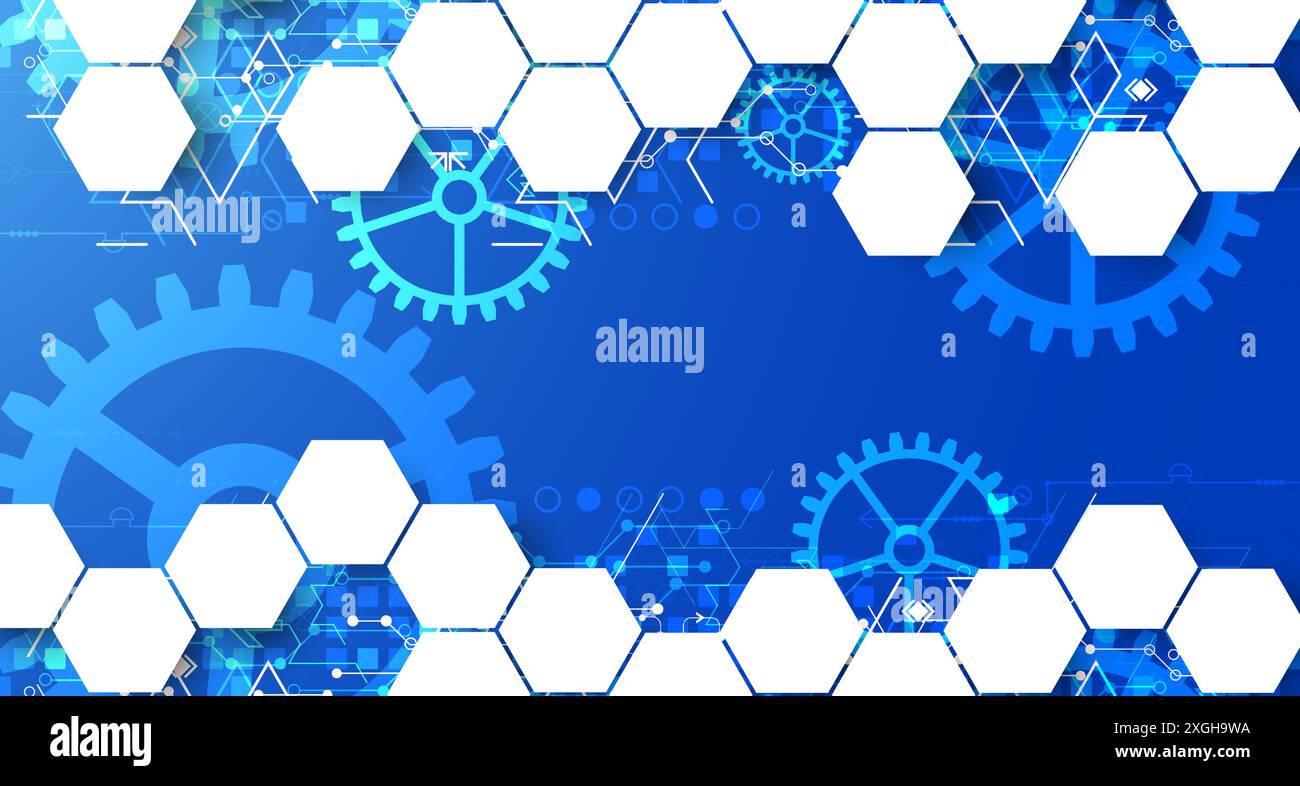 Gear wheel technology pattern on blue gradient background with hexagons. Hand drawn vector. Stock Vector