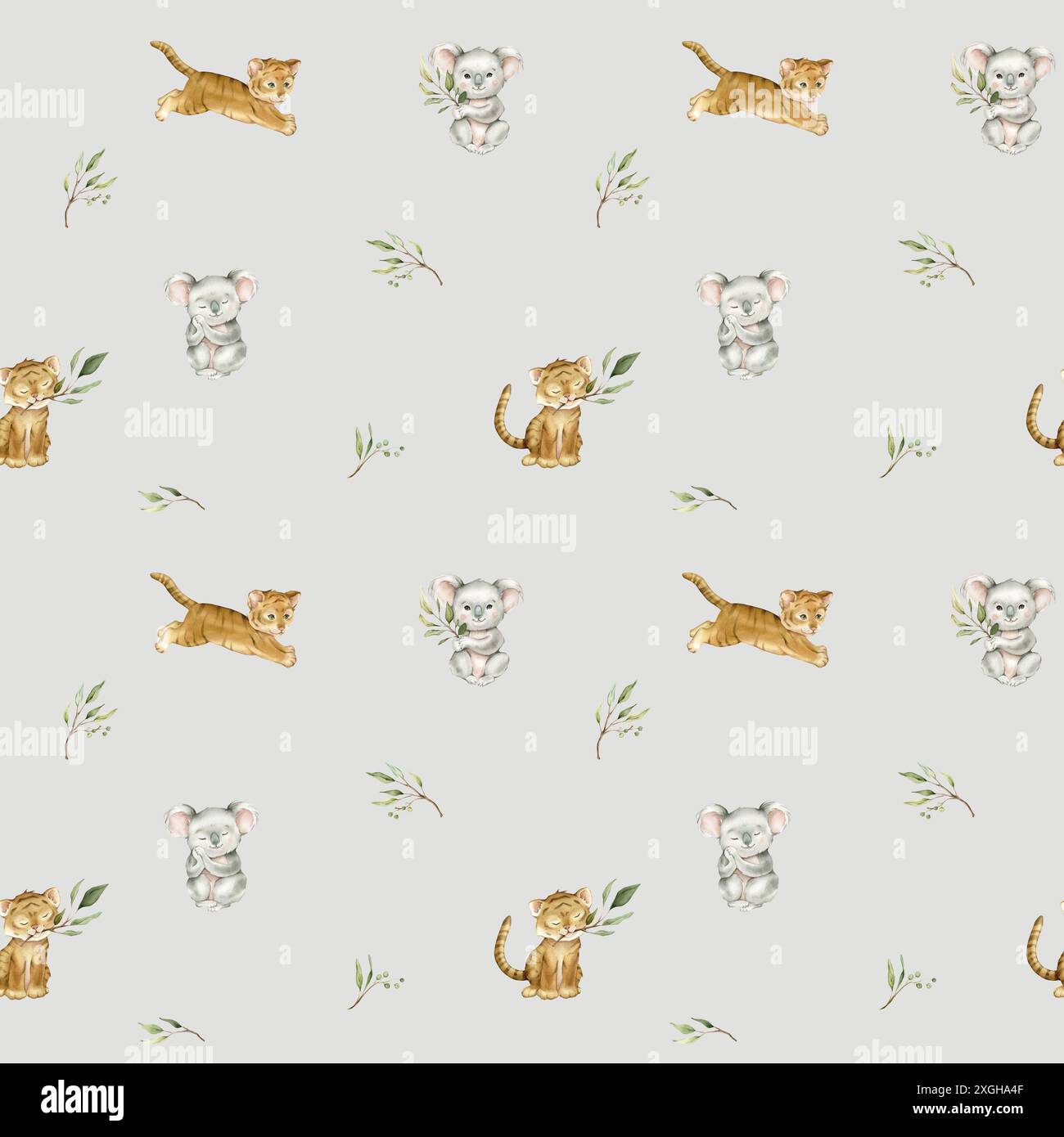 Seamless pattern with green eucalyptus leaves and cute tiger and koala ...