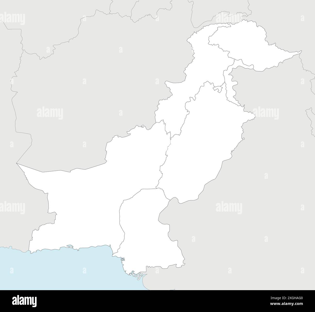 Vector regional blank map of Pakistan with provinces and territories and administrative divisions, and neighbouring countries and territories. Editabl Stock Vector