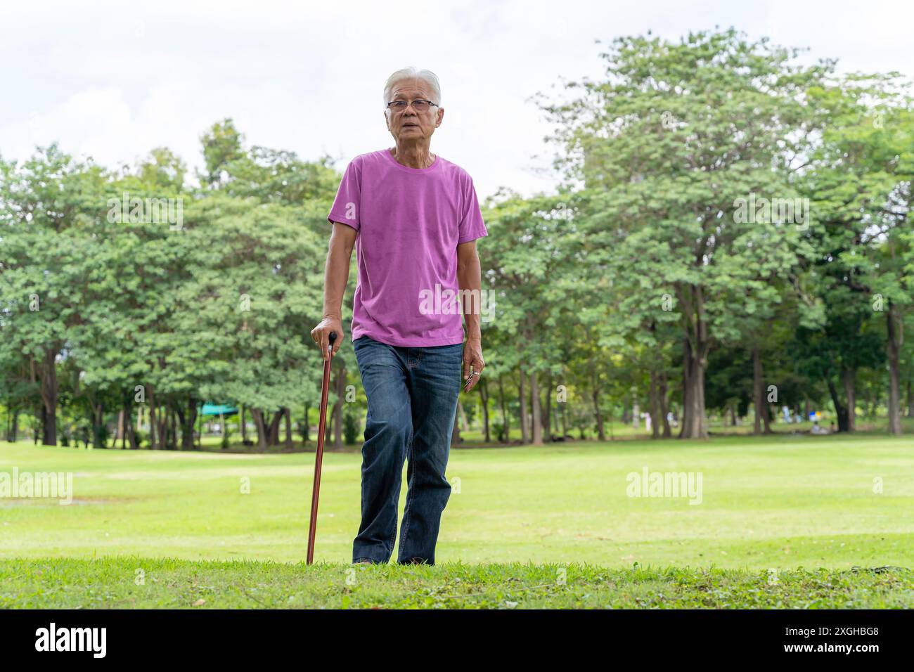 Full length profile shot of a senior man walking with a cane in a park ...
