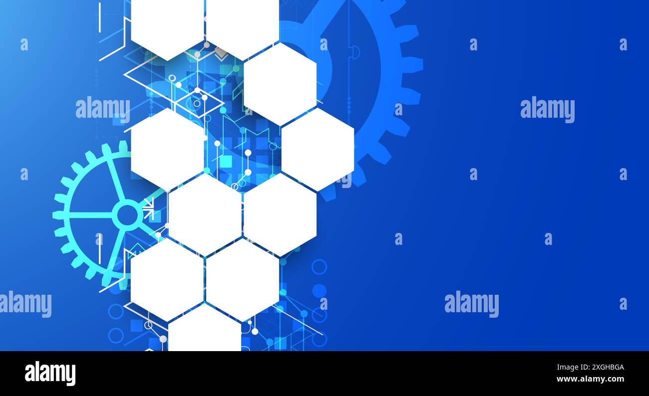 Gear wheel technology pattern on blue gradient background with hexagons. Hand drawn vector. Stock Vector