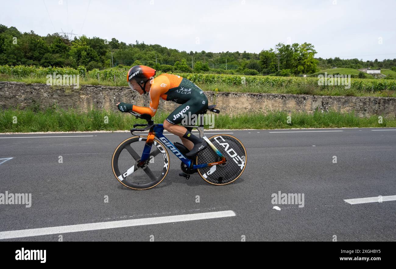 Christopher Juul-jensen, Team Jayco AlUla, 2024 Tour de france stage 7 timetrial from Nuits-Saint-Georges to Gevrey-Chambertin, Burgundy, France. Stock Photo