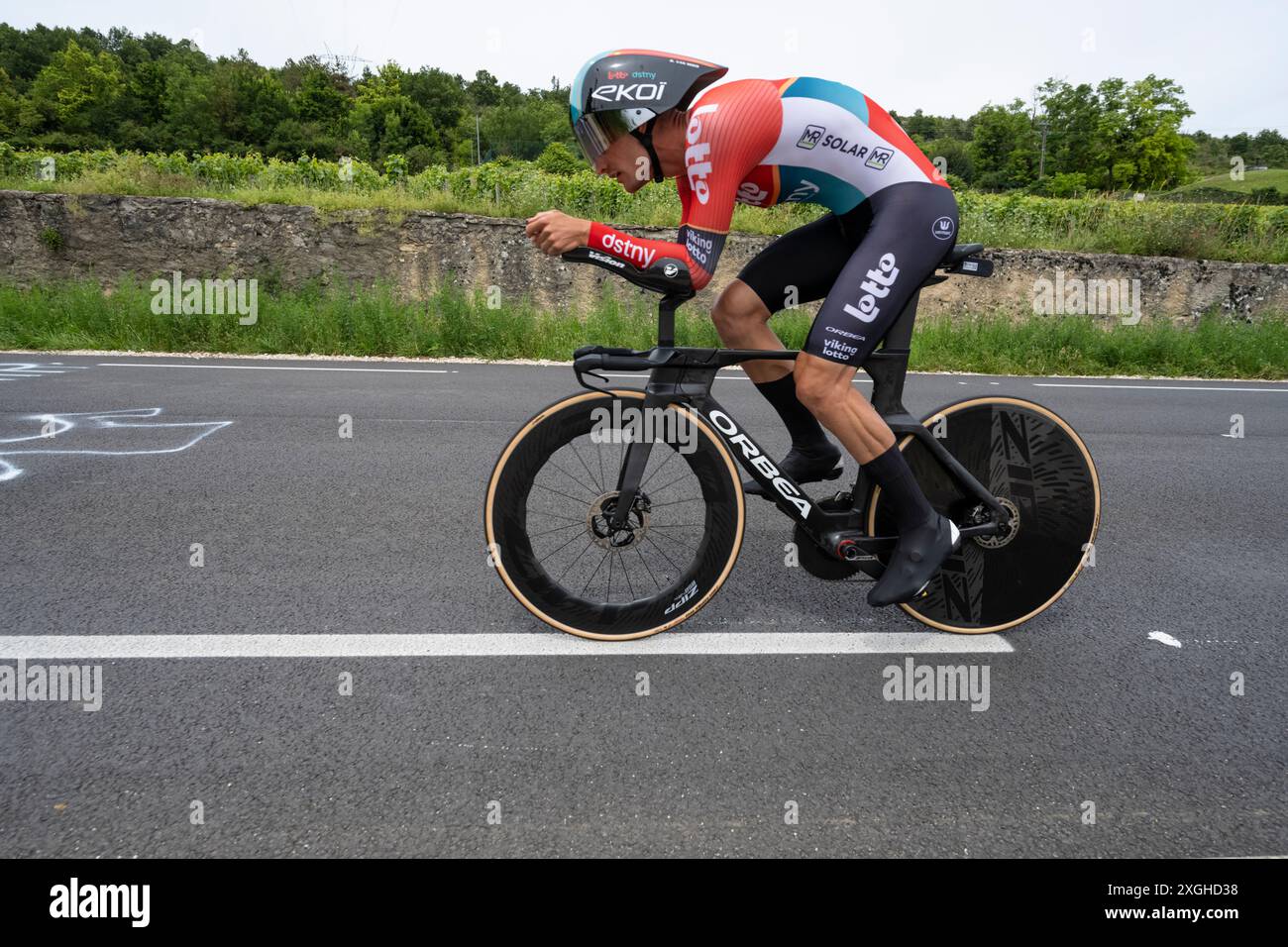 Brent van Moer, Lotto Dstny, 2024 Tour de france stage 7 timetrial from Nuits-Saint-Georges to Gevrey-Chambertin, Burgundy, France. Stock Photo