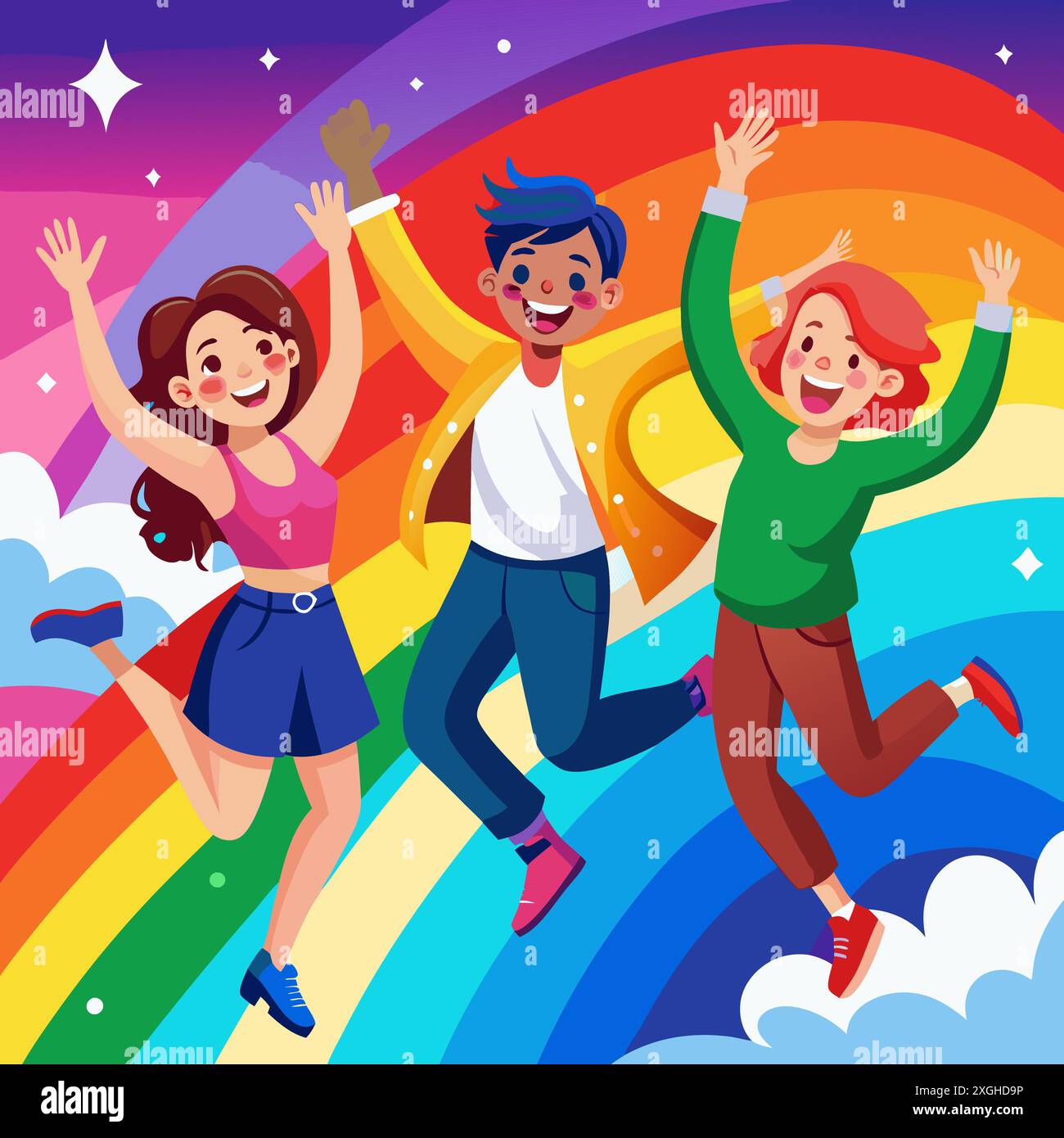 A vibrant rainbow gradient with silhouettes of friends jumping in joy ...