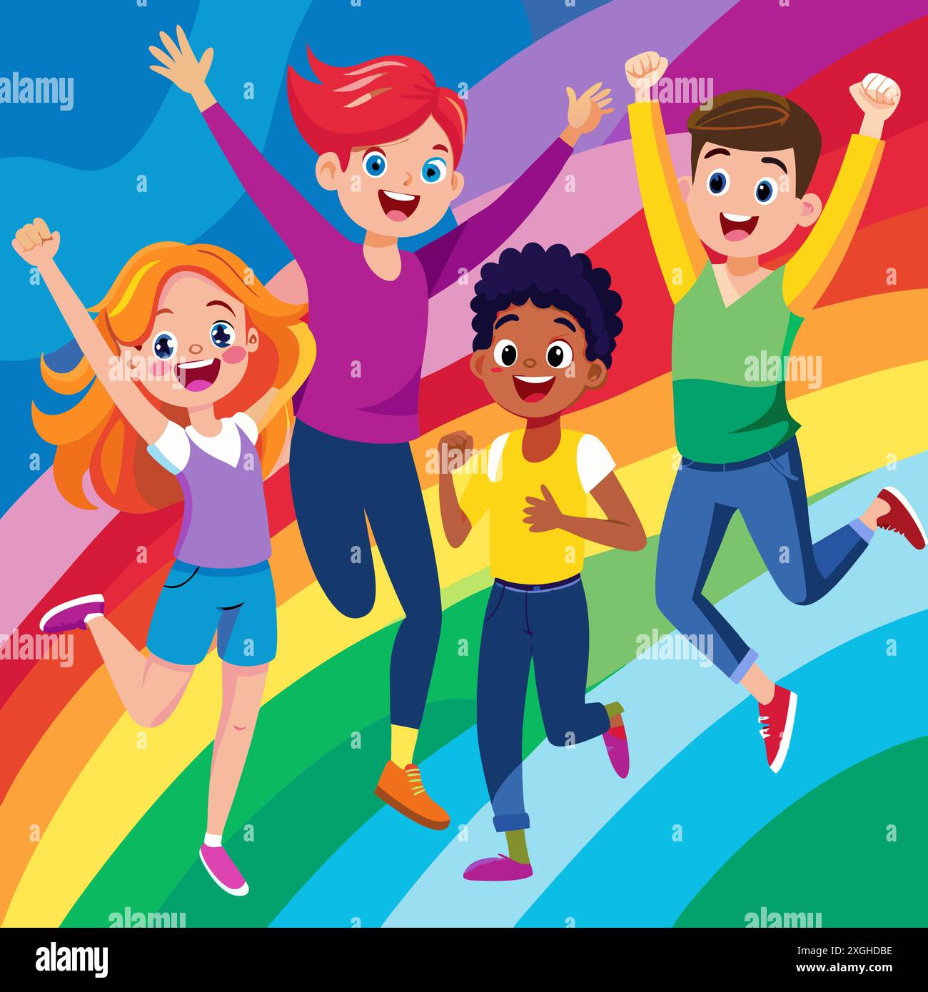 A vibrant rainbow gradient with silhouettes of friends jumping in joy ...