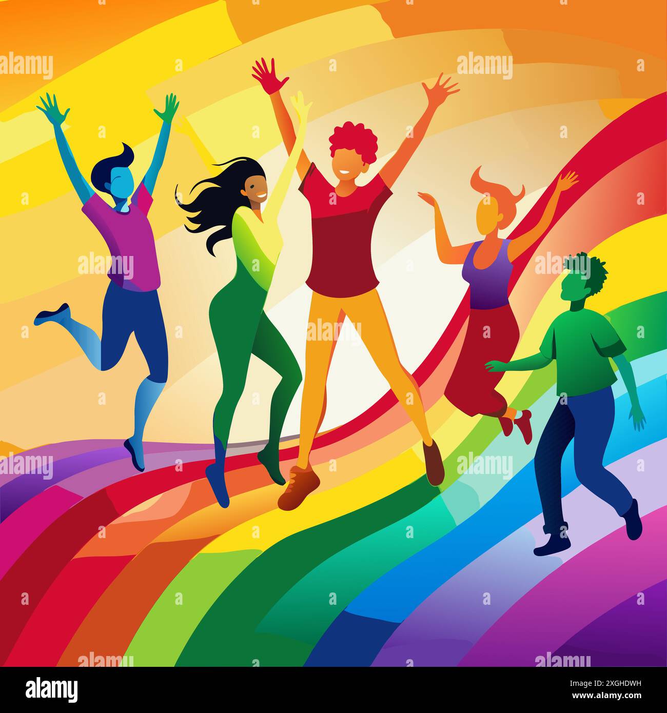 A vibrant rainbow gradient with silhouettes of friends jumping in joy ...