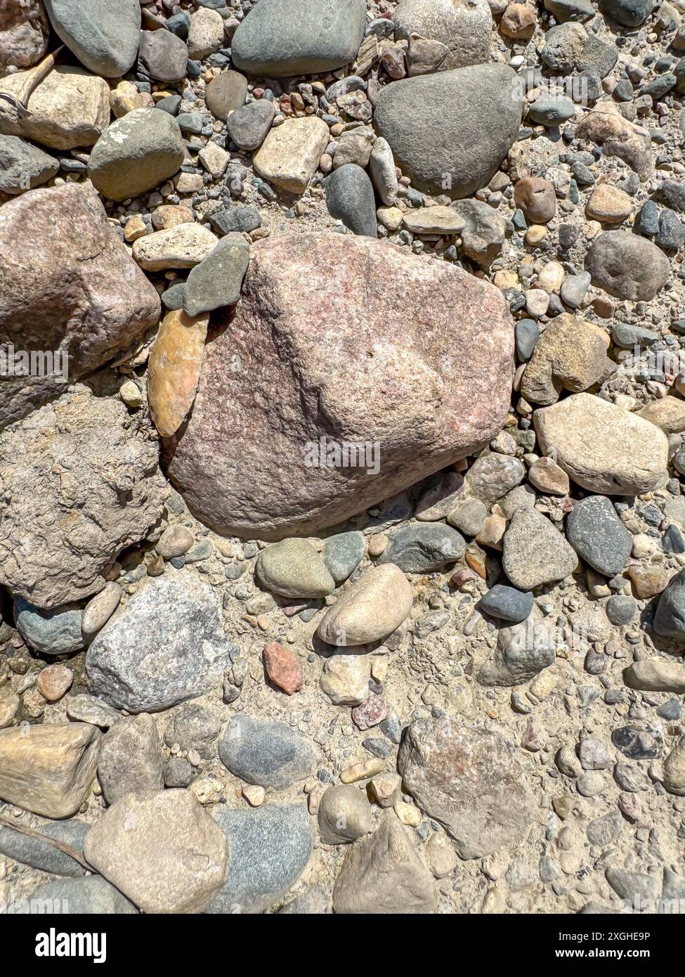 In situ Native American arrowhead artifact found in sand bed of a river  Stock Photo