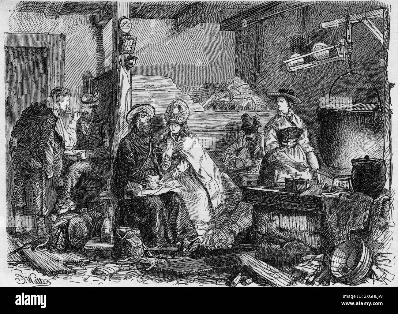 tourism, tourists, townspeople in Alpine hut, adapted from drawing by Joseph Watter (1838 - 1913), ARTIST'S COPYRIGHT HAS NOT TO BE CLEARED Stock Photo