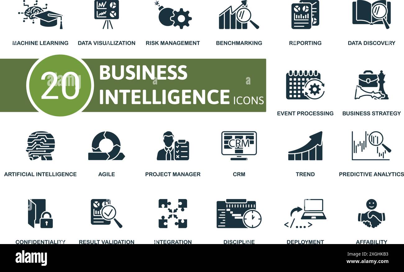 Business Intelligence icon set. Machine Learning, Data Visualization ...