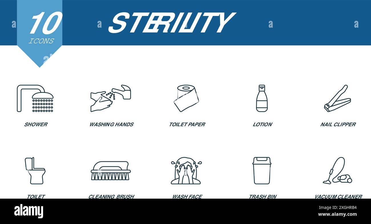 Sterility outline icons set. Creative icons shower, washing hands